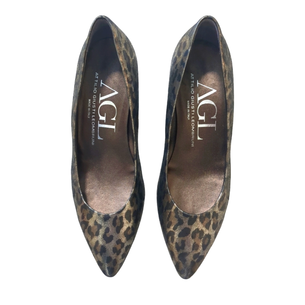 AGL Leopard Print Black and Gold Leather Wedge Pumps